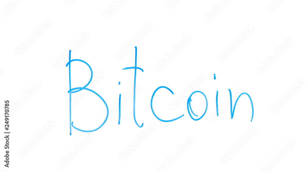 Bitcoin word written on glass, innovative payment network and new kind of money