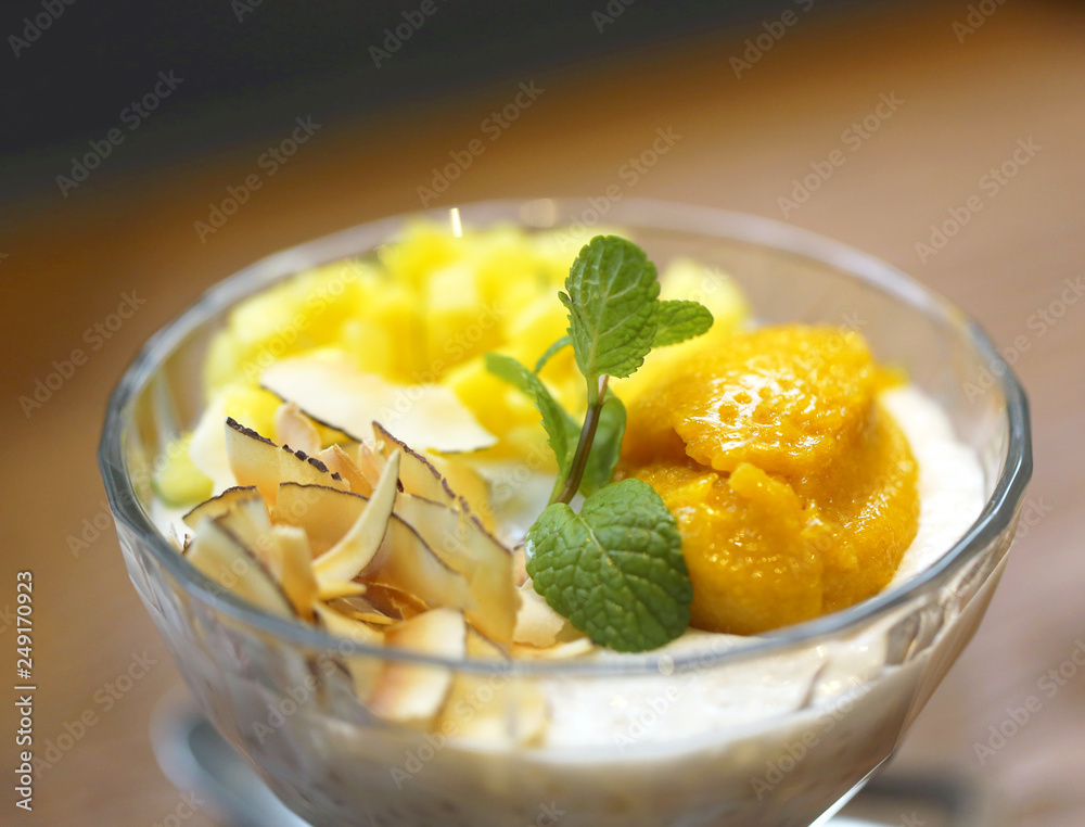 Coconut dessert with mango and chips very tasty Coconut dessert with mango and chips very tasty