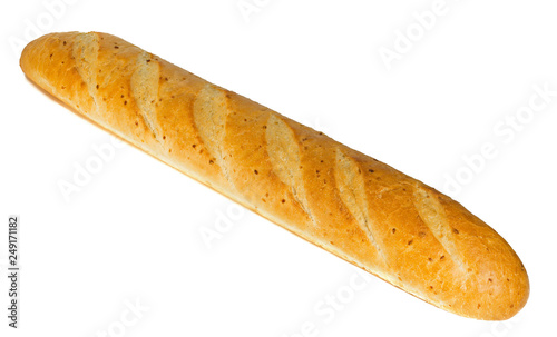 French baguette, it is isolated on the white. One baguette isolated on the white background