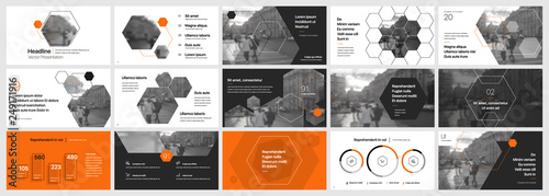 Presentation template. Hexagonal elements for slide presentations. Use also as a flyer, brochure, corporate report, marketing, advertising, annual report, banner. Vector infographics