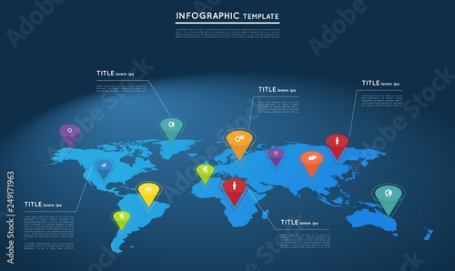 world map with abstract cone pointers, infographic template