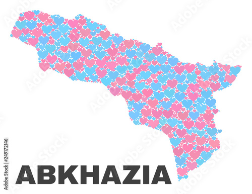 Mosaic Abkhazia map of lovely hearts in pink and blue colors isolated on a white background. Lovely heart collage in shape of Abkhazia map. Abstract design for Valentine illustrations.