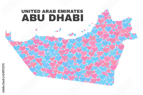 Mosaic Abu Dhabi Emirate map of valentine hearts in pink and blue colors isolated on a white background. Lovely heart collage in shape of Abu Dhabi Emirate map.