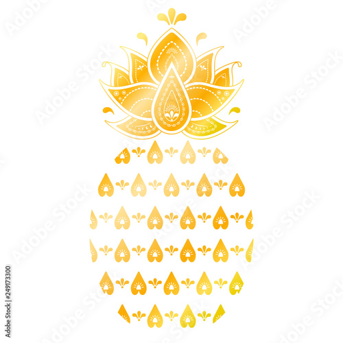 golden ornamental pineapple. Gold colored tropical fruit abstract illustration