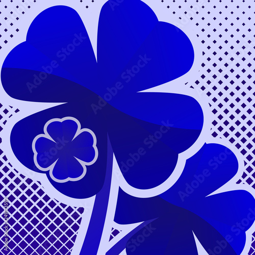 Bright creative four-leaf clover icon on the background with a halftone transition from small rhombuses. - Vector graphics