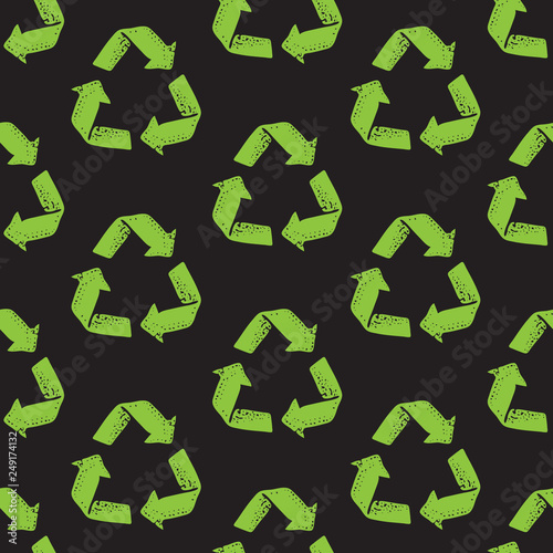 Seamless pattern with recycle reuse symbol isolated on black background. Recycle sign for ecological design zero waste lifestyle. 