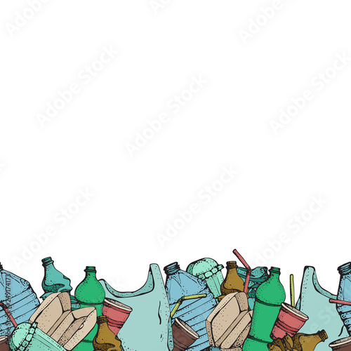 Hand drawn doodle plastic pollution seamless pattern. Vector illustration isolated on white. Bag, Bottle, Package, Contamination, disposable dish, straw. Plastic products recycling