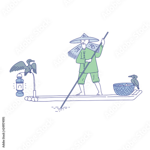 Chinese fishermen in the boat and duck fisher. Vector line art people go fishing. Symbols of asian agricultural culture.
