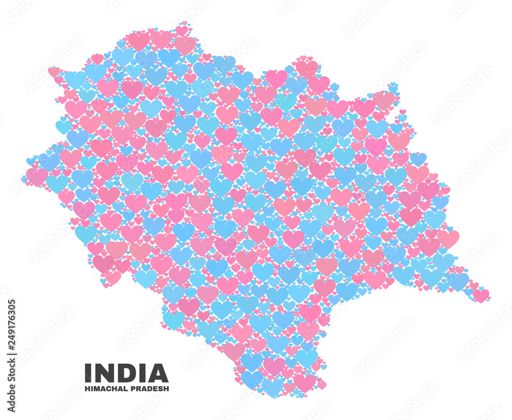 Mosaic Himachal Pradesh State map of love hearts in pink and blue colors isolated on a white background. Lovely heart collage in shape of Himachal Pradesh State map.