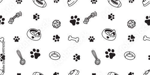 Dog seamless pattern french bulldog vector paw bone food bowl toy scarf isolated repeat wallpaper tile background illustration doodle