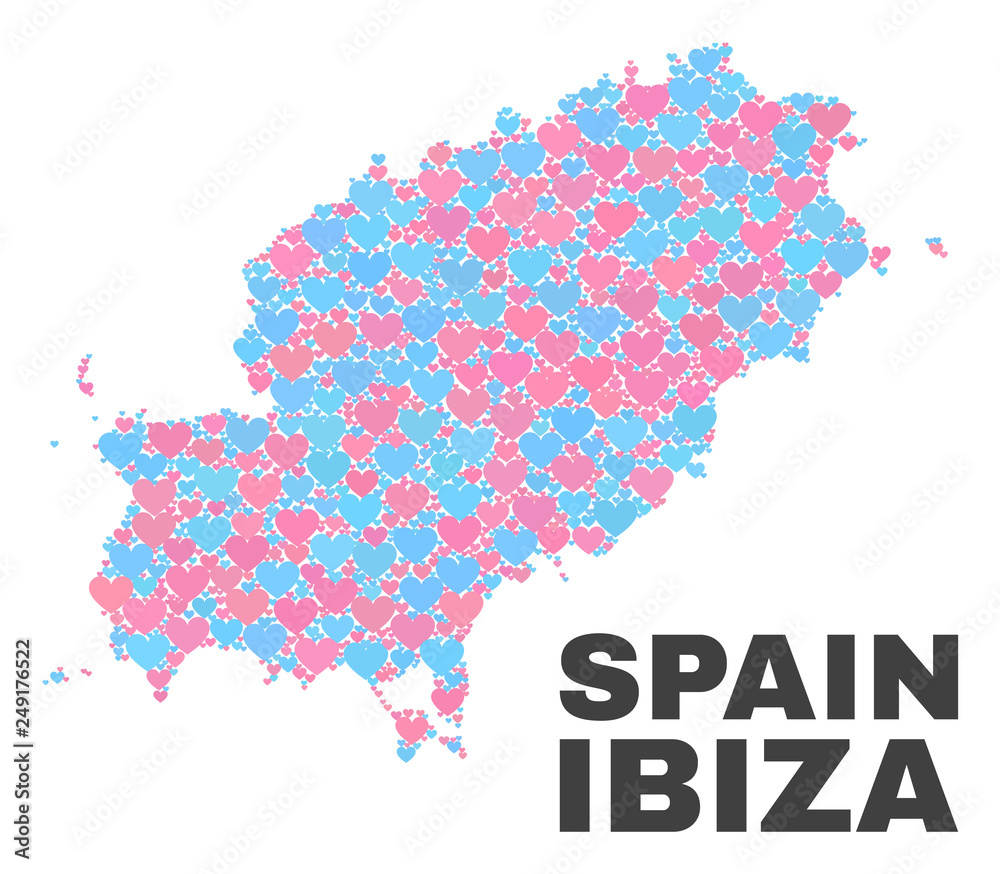 Obraz premium Mosaic Ibiza Island map of love hearts in pink and blue colors isolated on a white background. Lovely heart collage in shape of Ibiza Island map. Abstract design for Valentine illustrations.