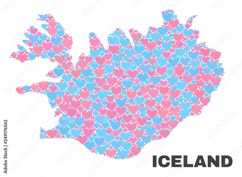 Obraz premium Mosaic Iceland map of lovely hearts in pink and blue colors isolated on a white background. Lovely heart collage in shape of Iceland map. Abstract design for Valentine illustrations.