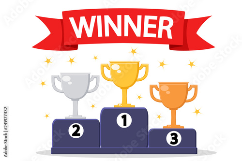 Three cups for prizes and a red ribbon for the text on a white.
