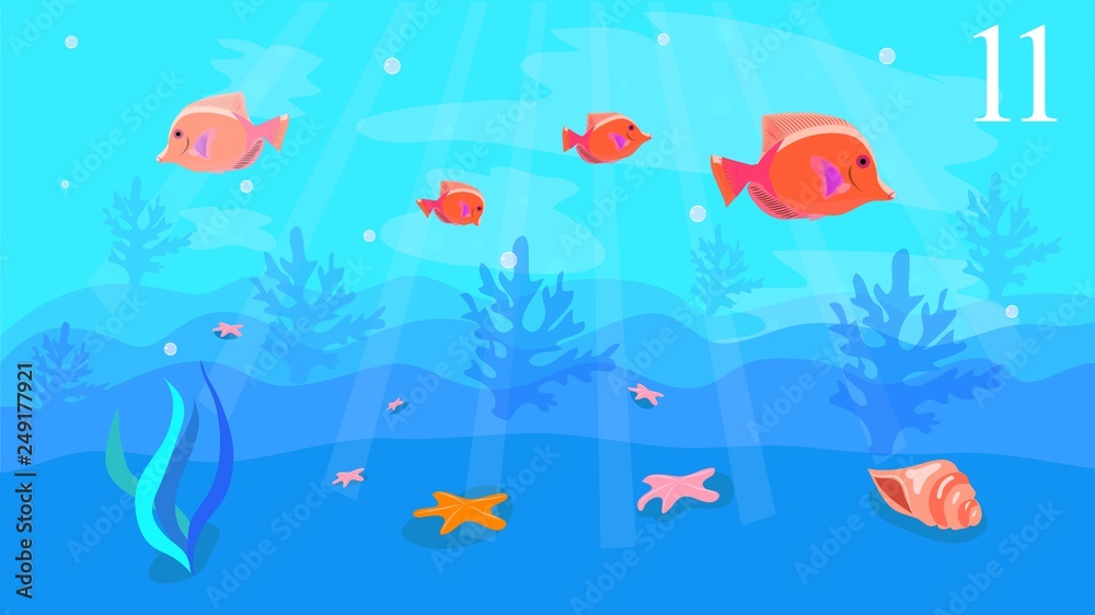 Obraz premium Marine background with fish, marine life, in the vector, designed for cards, banners, children's books, animation