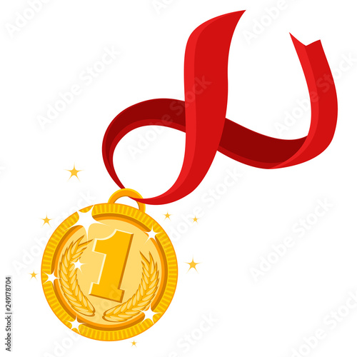 Gold medal for first place with red ribbon on a white.