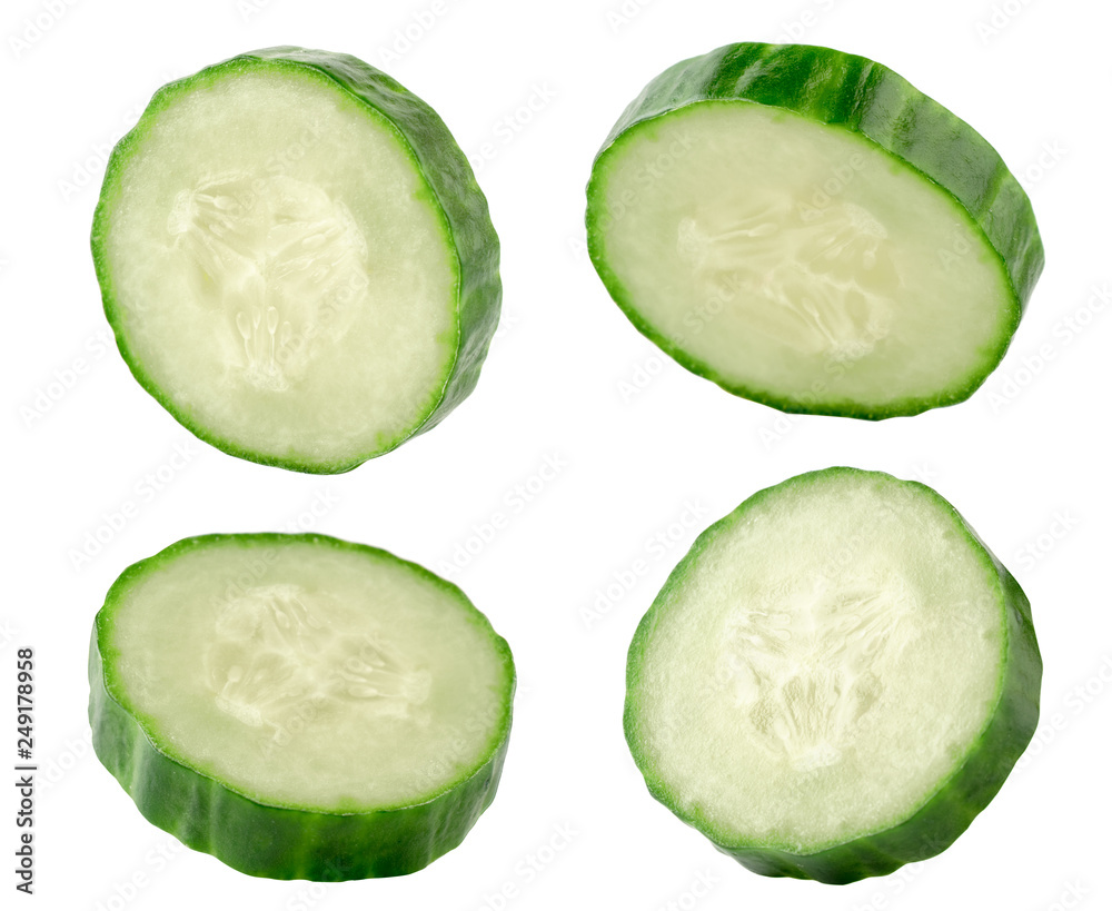 Set of cucumber pieces on a white, close up. Isolated.