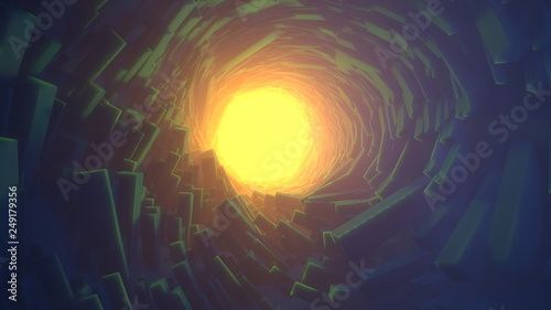 Abstract technology round tunnel filled by long boxes and warm yellow volume light. background for project. 3D rendering illustration