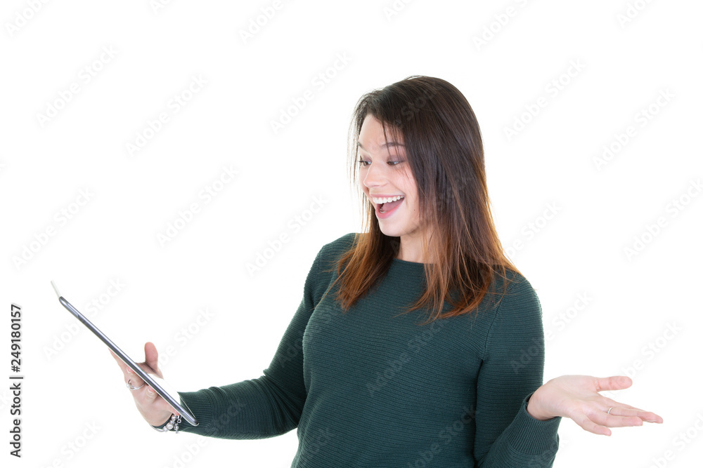 portrait of young woman with phone surprised looks smartphone in white background portrait of young woman with phone surprised looks smartphone in white background