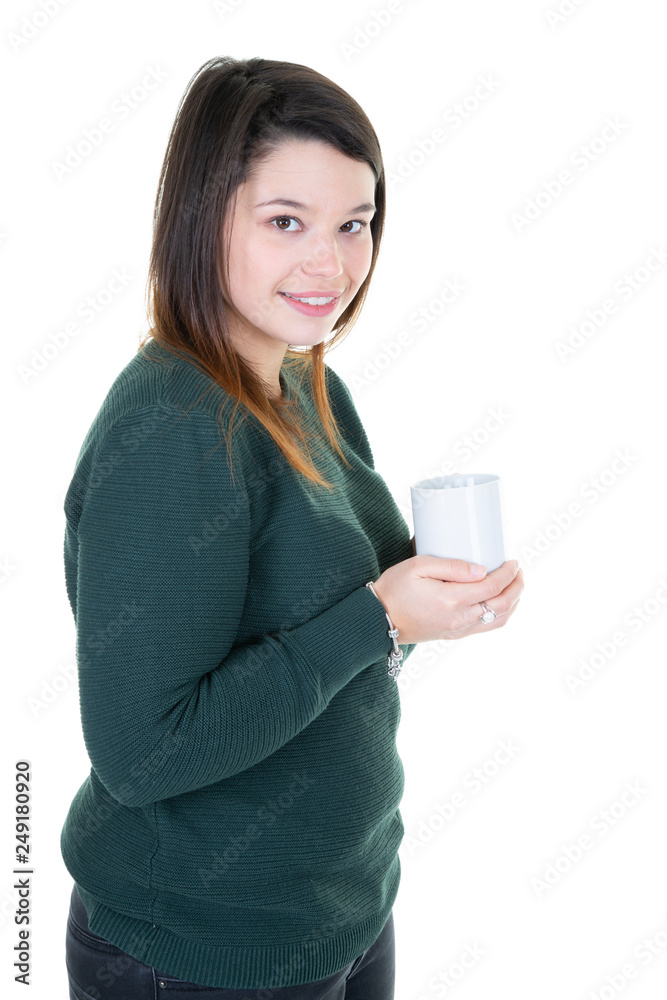 young woman with cup of coffee looks camera young woman with cup of coffee looks camera