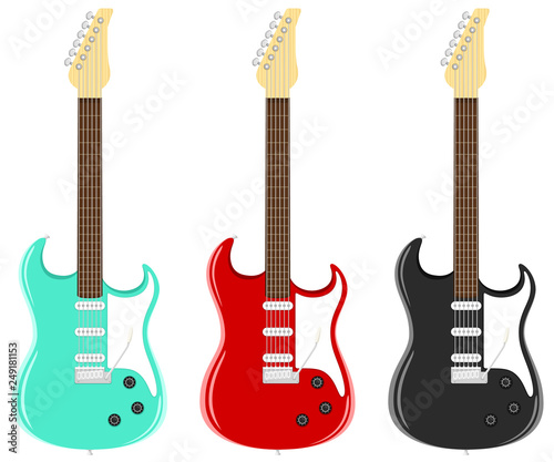 Vector illustration of an electric guitar in three color variations: teal, red and black.