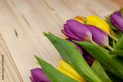 Bouquet of colorful tulips close-up on a light wooden background gift for March 8