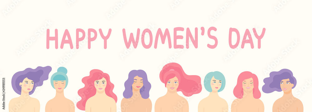 Fototapeta premium Vector design for International Women s Day 8 March holiday with different women.