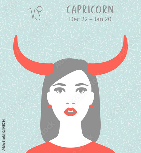 Capricorn zodiac sign. Girl vector illustration. Astrology zodiac profile. Astrological sign as a beautiful women. Future telling, horoscope, alchemy, spirituality, occultism, fashion