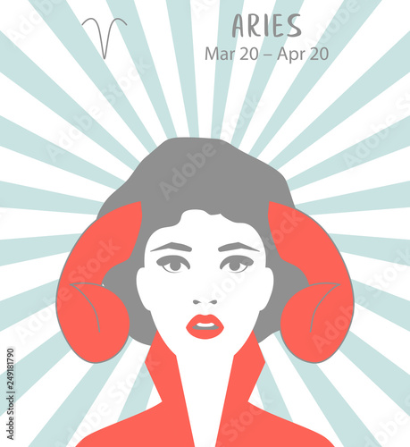 Aries zodiac sign. Girl vector illustration. Astrology zodiac profile. Astrological sign as a beautiful women. Future telling, horoscope, alchemy, spirituality, occultism, fashion