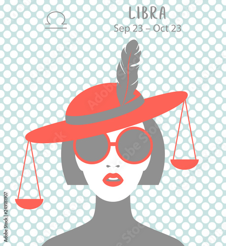 Libra zodiac sign. Girl vector illustration. Astrology zodiac profile. Astrological sign as a beautiful women. Future telling, horoscope, alchemy, spirituality, occultism, fashion
