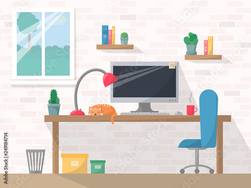 Work place in flat style, computer on working table with chair, lamp, mug, shelves with books and cactuses, cabinet interior with window, sleeping cat at work area