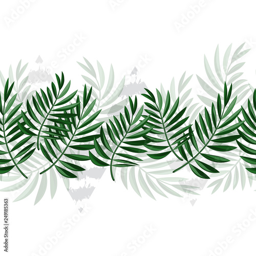 A border of tropical leaves and triangles. seamless patterns. Frame of green leaves and gray triangles.Vector. Eps10.