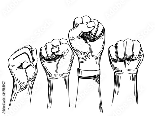 Sketch of raised fists. Hand drawn illustration converted to vector