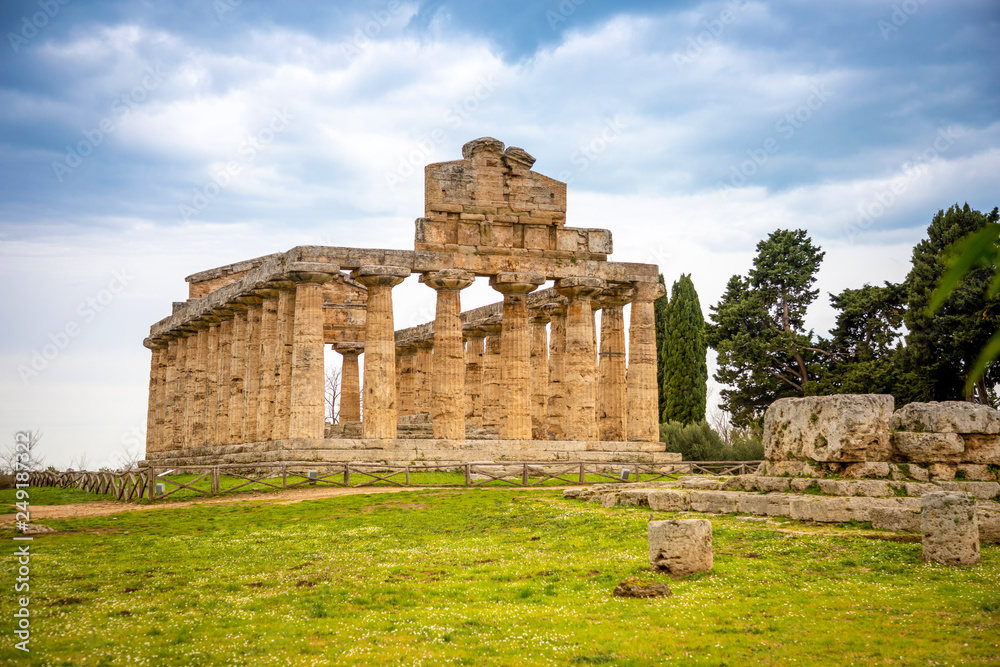 Old ruins of Athena Temple in paestum, Italy