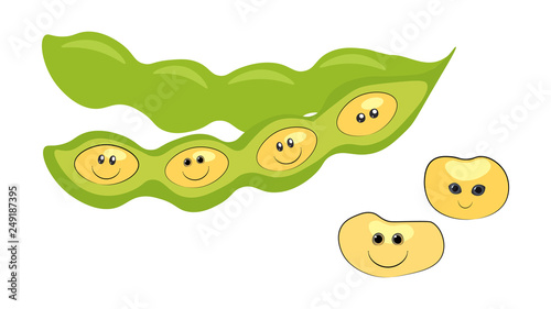 Beans family. Soy bean cute character. Bean smile sticker