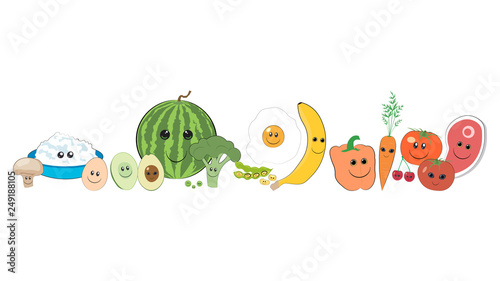 Smile foods sorted by color. Healthy foods color teams. Smiling foods with faces