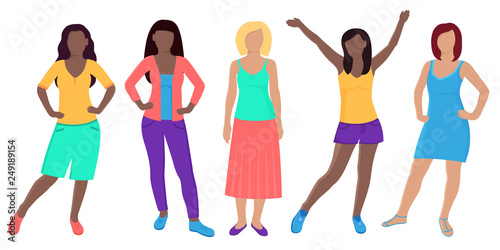 Beautiful young women of different nationalities. Five girls in fashionable clothes.