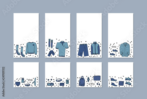 Men clothes and accessories set in doodle style.