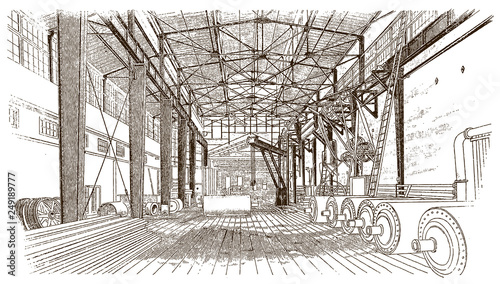 Interior view of a historical forge shop or factory building (after an engraving or etching from the 19th century)