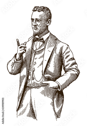 Historical man wearing bow tie and raising index finger. Illustration after engraving from 19th century