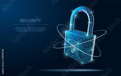 Security Lock. Polygonal wireframe mesh looks like constellation on dark blue night sky with dots and stars.