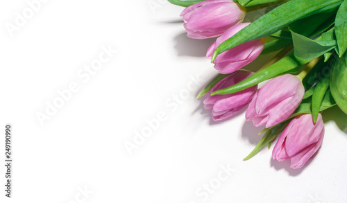 Fototapeta Naklejka Na Ścianę i Meble -  Beautiful bouquet of tulips. Spring flowers for Mother's Day, International Women's Day, birthday. Top view with space for your greetings