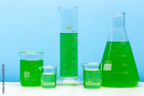 Assortment of glass containers for laboratory. Laboratory equipment.
