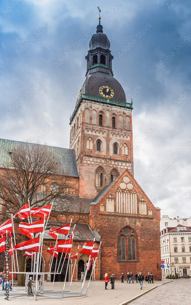 Flags in front of the Dom church in Riga, Latvia