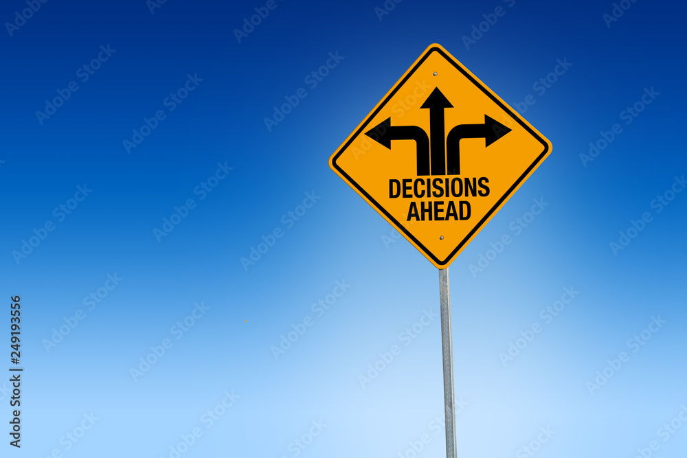 Descisions ahead road sign in warning yellow with blue background, - Illustration Descisions ahead road sign in warning yellow with blue background, - Illustration