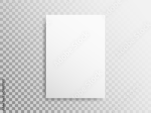 Blank A4 sheet on transparent background. White paper with the shadow. Realistic template for design. White mockup of book or magazine. Empty vertical brochure. Vector illustration