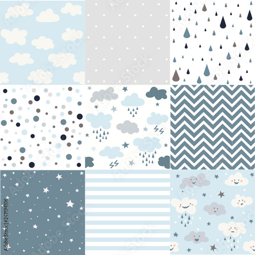 Vector set blue, cute seamless patterns for weather design