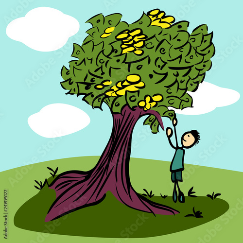 Stick man_money tree_meadow_sky by jziprian