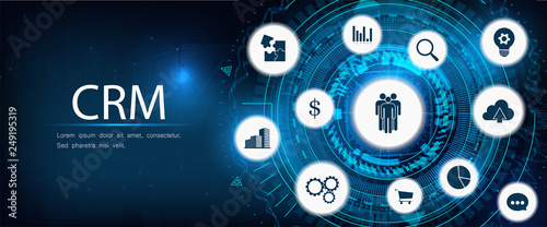CRM - Customer relationship management. Futuristic style, design illustration with line and icons. Business internet technology. CRM concept, customer service and relationship. Illustration background