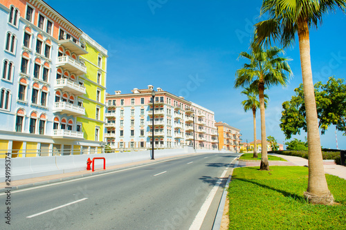 Colorful buildings in venetian style of the Qanat Quartier