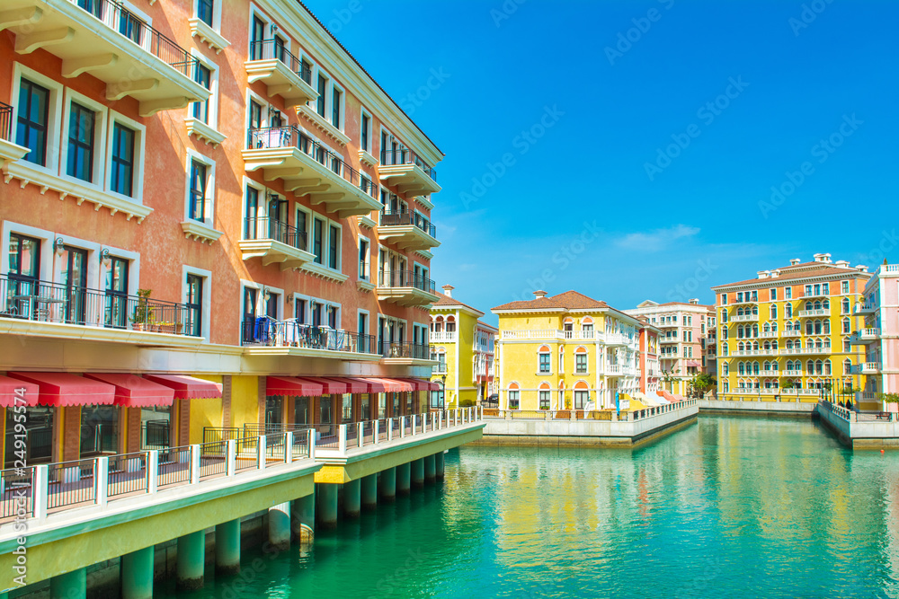 Colorful buildings in venetian style of the Qanat Quartier